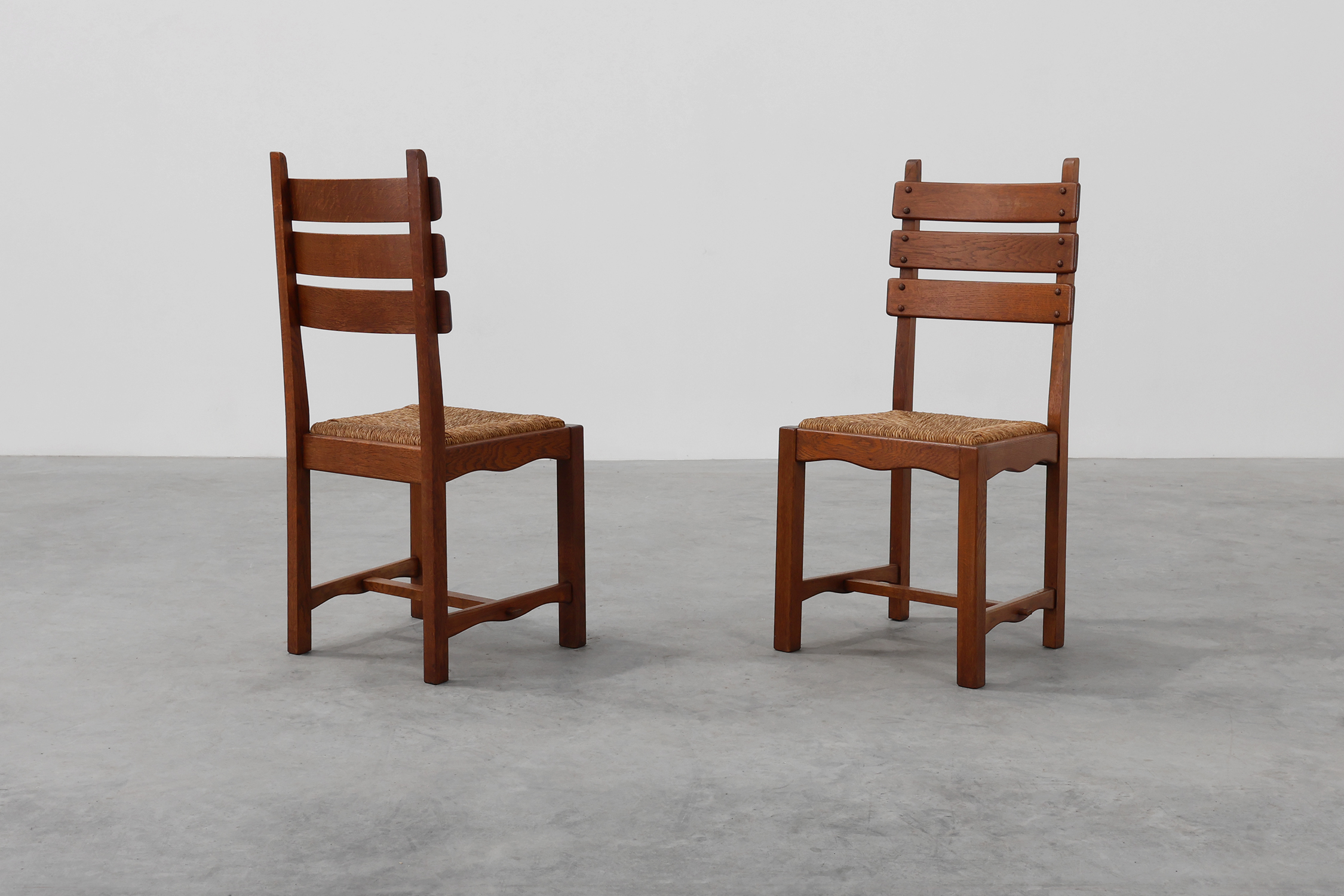 Pair of Mid-Century Brutalist Oak and Wicker Chairs, Belgium, 1960thumbnail